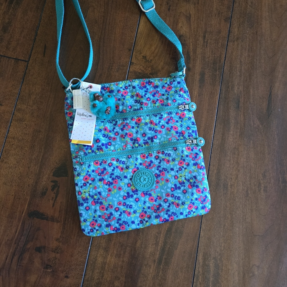 Kipling Keiko Crossbody Lightweight Shoulder Bag Teal Floral Print Monkey Charm - Picture 3 of 8